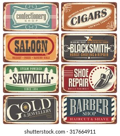 Vintage shop posters collection. Retro store tin signs design on rusty background. 