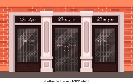 Vintage shop store facade with large window, columns and brick wall. Facade residential building front view. Graphic storefront shop exterior facade building for rent vector illustration