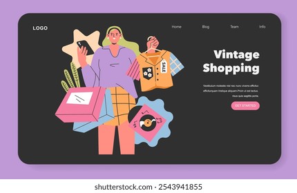 Vintage Shopping concept. A trendy individual immersed in retro shopping, juggling with bags and a phone. Thrift culture, sustainable fashion. Vector illustration.