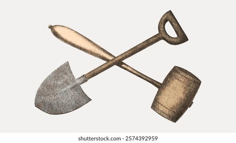 Vintage shovel and mallet illustration. Shovel and mallet crossed. Rustic tools: shovel and mallet. Perfect for vintage tool enthusiasts. Vintage illustration isolated on white background, vector.