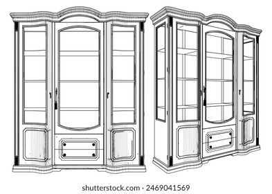 Vintage Showcase Cupboard Sideboard Vector 03. A Vector Illustration Of Glass Case Isolated On White Background.