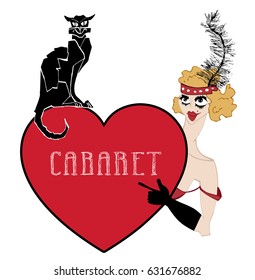 Vintage Showgirl Dancer With Heart And Black Cat. Cabaret Style, Hand Drawn Illustration