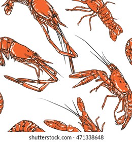 Vintage Shrimp pattern including seamless. Seafood vector illustration. Great for menu