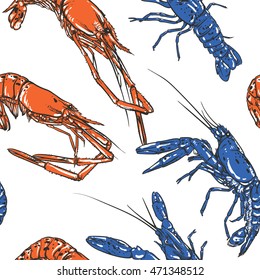 Vintage Shrimp pattern including seamless on a white background. Vintage seafood vector illustration. Great for menu.