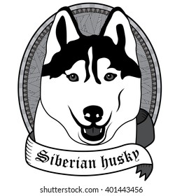 Vintage Siberian husky Portrait. Emblem of a Dog in Black and White