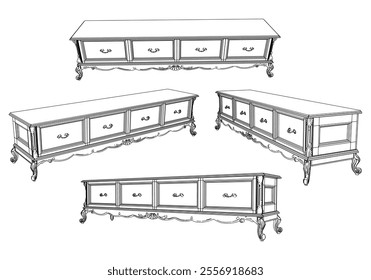 Vintage sideboard vector set. Baroque and classic style sketches for luxurious home interiors. Ideal for traditional furniture enthusiasts