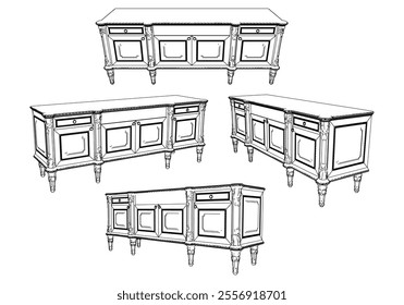 Vintage sideboard vector set. Baroque and classic style sketches for luxurious home interiors. Ideal for traditional furniture enthusiasts