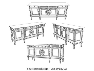 Vintage sideboard vector set. Baroque and classic style sketches for luxurious home interiors. Ideal for traditional furniture enthusiasts