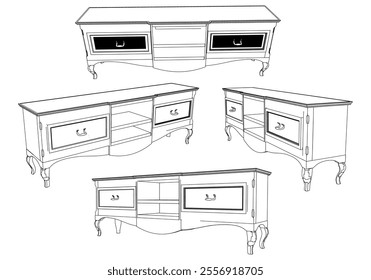 Vintage sideboard vector set. Baroque and classic style sketches for luxurious home interiors. Ideal for traditional furniture enthusiasts