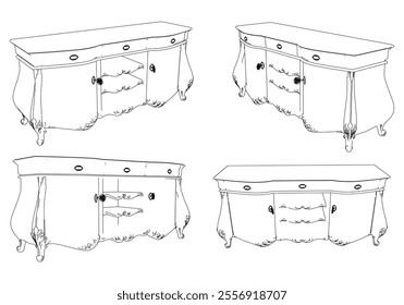 Vintage sideboard vector set. Baroque and classic style sketches for luxurious home interiors. Ideal for traditional furniture enthusiasts