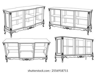 Vintage sideboard vector set. Baroque and classic style sketches for luxurious home interiors. Ideal for traditional furniture enthusiasts