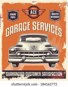 Vintage Sign - Advertising Poster - Classic Car - Garage - Vector Eps Illustration - Retro Design.