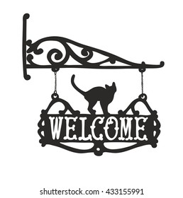 Vintage sign with black cat  for outdoor advertisment. Vector illustration.