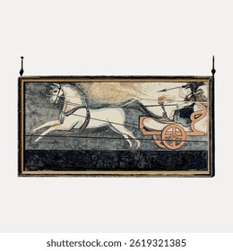 Vintage sign depicting a horse-drawn chariot with a female figure. The artwork features a horse, chariot, and a female figure in a classic, rustic style. Vintage horse illustration vector.