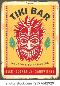 Vintage sign design template for tiki bar. Beach bar poster idea with tribal mask and tropical leaves on old metal yellow background. Retro drinks vector illustration.