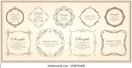 Vintage sign frames. Old decorative frame design, retro ornate label elements and luxurious vintage borders. Premium certificate badge, victorian elegant tag. Isolated vector symbols set