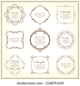 Vintage sign frames. Old decorative frame design, retro ornate label elements and luxurious vintage borders. Premium certificate badge, victorian elegant tag. Isolated vector symbols set