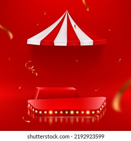 Vintage sign podium with lamps and circus tent in red color background