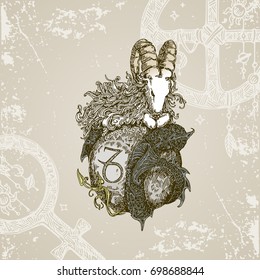 Vintage sign of zodiac. Capricorn. Color. Vector illustration.
