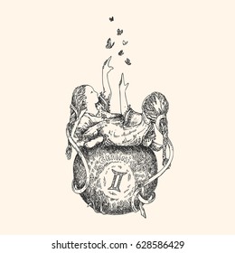 Vintage sign of zodiac. Gemini. Vector illustration.