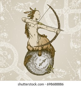 Vintage sign of zodiac. Sagittarius. Color. Vector illustration.