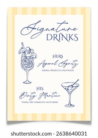 Vintage signature drinks sign with pencil drawn cocktail glasses. Cocktail poster with elegant blue drawing of alcoholic beverages. Mediterranean bar painting for Italian wedding. Vector illustration.