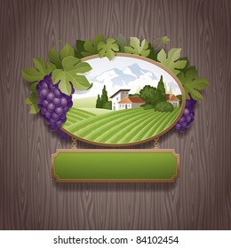 Vintage signboard with grapes and image of country landscape against a stone wall - vector illustration