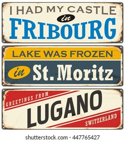 Vintage signs collection with cities and tourist attractions in Switzerland. Travel souvenirs on grunge damaged background.
