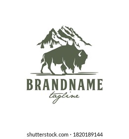 Vintage Silhouette Bison and Rocky Mountain Logo Design