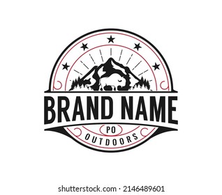 Vintage Silhouette Bison and Rocky Mountain Label Stamp Logo design vector