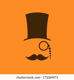 Vintage silhouette of bowler, mustaches, monocle. 