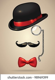 Vintage Silhouette Of Bowler, Mustaches, Monocle And A Bow Tie - Vector Illustration. Shadow And Background Are On Separate Layers. Easy Editing.