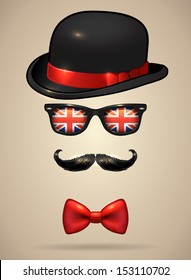 Vintage silhouette of bowler, mustaches, sunglasses with UK flag reflection and a bow tie - vector illustration.