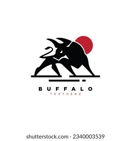 Vintage silhouette buffalo logo design with red sun logo vector art