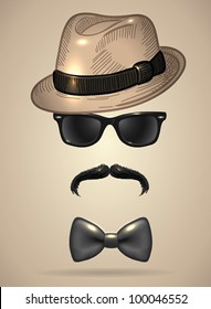 Vintage silhouette of fedora hat, mustaches, sunglasses and a bow tie 2- vector illustration. Shadow and background are on separate layers. Easy editing.