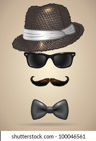 Vintage silhouette of fedora hat, mustaches, sunglasses and a bow tie 3 - vector illustration. Shadow and background are on separate layers. Easy editing.