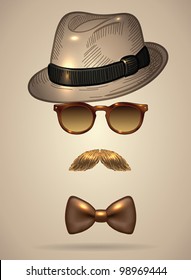 Vintage silhouette of fedora hat, mustaches, sunglasses and a bow tie- vector illustration. Shadow and background are on separate layers. Easy editing.