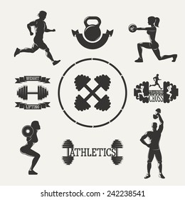 Vintage silhouette fitness set. Set sports emblems. Ribbon banners