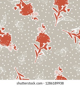 Vintage Silhouette flower with hand drawn line of leaves on polka dots seamless pattern vector design for fashion,web,wallpaper,and all prints on light grey background color