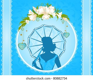 Vintage silhouette of girl on blue background. Vector