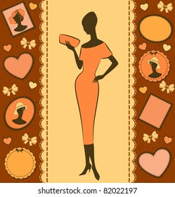 Vintage silhouette of girl on green background. Vector