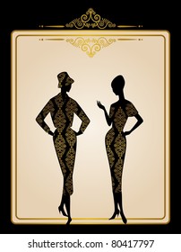 Vintage silhouette of girls on  tapestry background. Vector