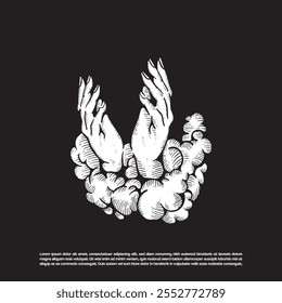 Vintage silhouette hand drawn god hand in the cloud vector art illustration
