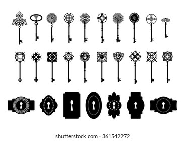 Vintage silhouette keys and keyholes collection. Isolated on the white background.