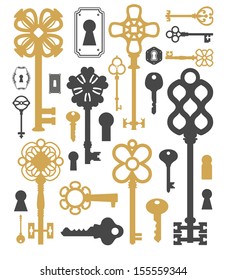 Vintage silhouette of keys and keyholes. Old style illustration. Vintage design.