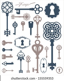 Vintage silhouette of keys and keyholes. Old style illustration. Vintage design.