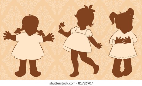 Vintage silhouette of little girls on the ornate background. Vector