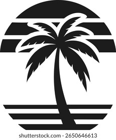 Vintage silhouette logo featuring palm tree and sunset for brand identity design
