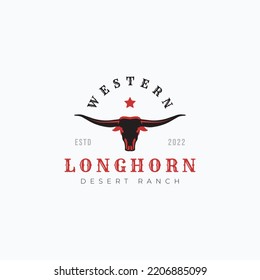 Vintage Silhouette Longhorn Logo Vector Illustration Design. Classic Longhorn Cattle Head Skeleton Label Concept.