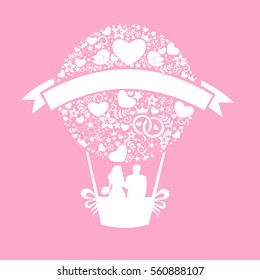 vintage silhouette of lovers on a hot air balloon, vector